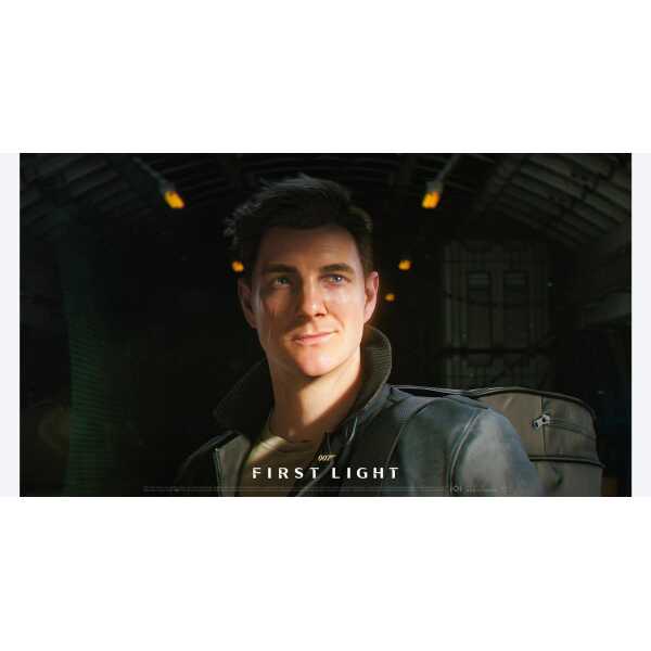 Young man in leather jacket with backpack in a dark hangar setting.