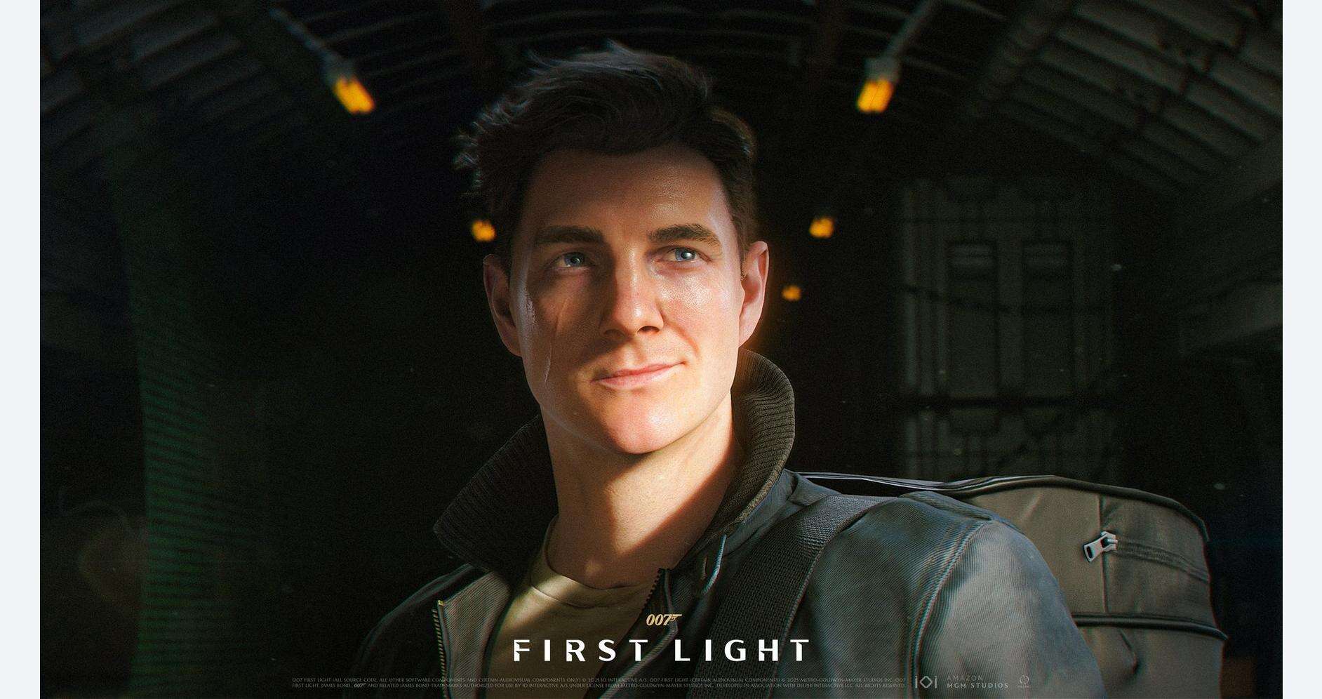 Young man in leather jacket with backpack in a dark hangar setting.