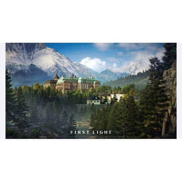 Beautiful landscape of a castle set against snow-capped mountains and lush forests.