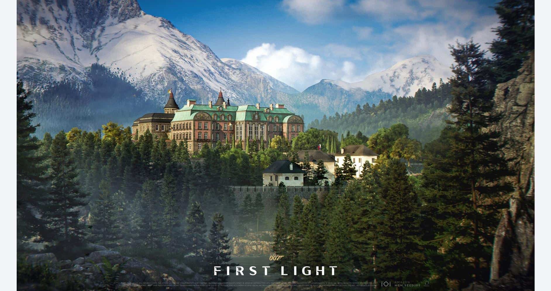 Beautiful landscape of a castle set against snow-capped mountains and lush forests.