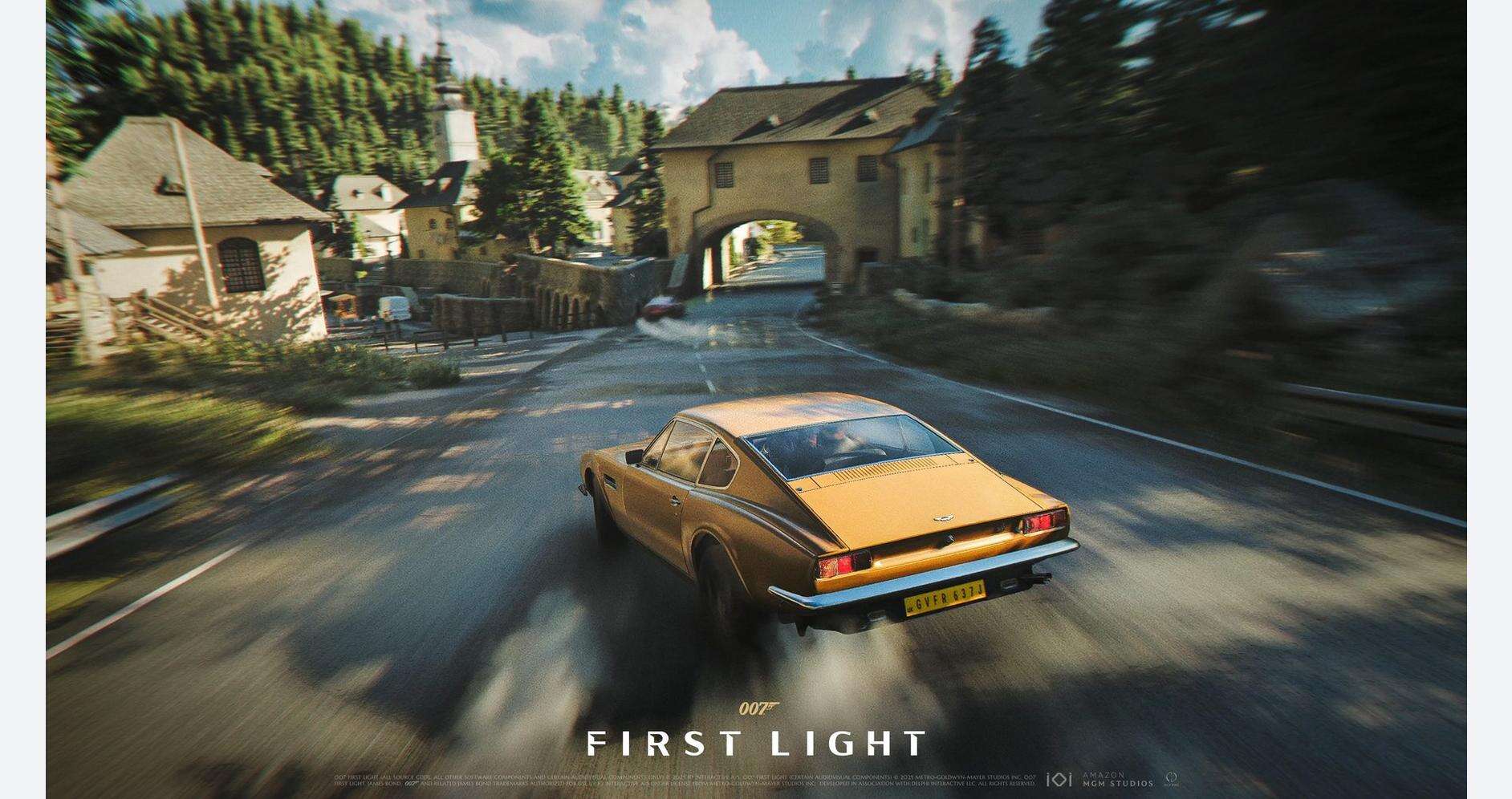 Classic Aston Martin speeding through a scenic village road.