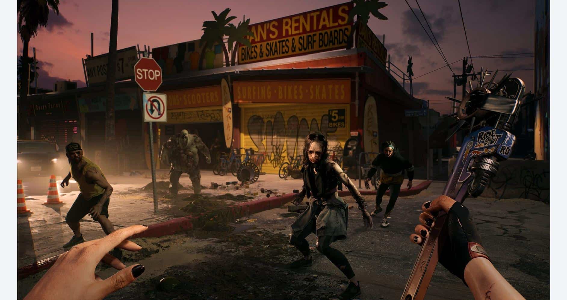 Post-apocalyptic survival game scene with zombies and players in a deserted urban area. Intense acti.