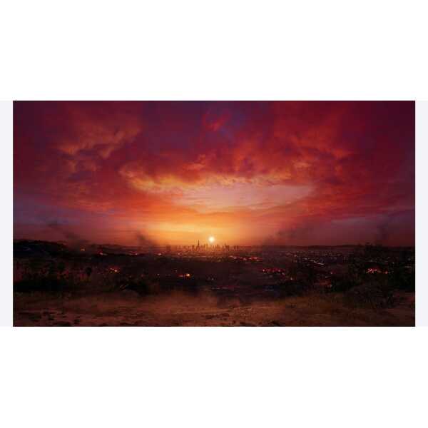 Sunset over city skyline with vivid orange and red colors, creating a stunning and dramatic evening.