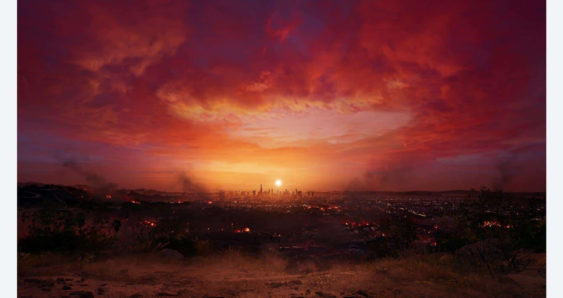 Sunset over city skyline with vivid orange and red colors, creating a stunning and dramatic evening.