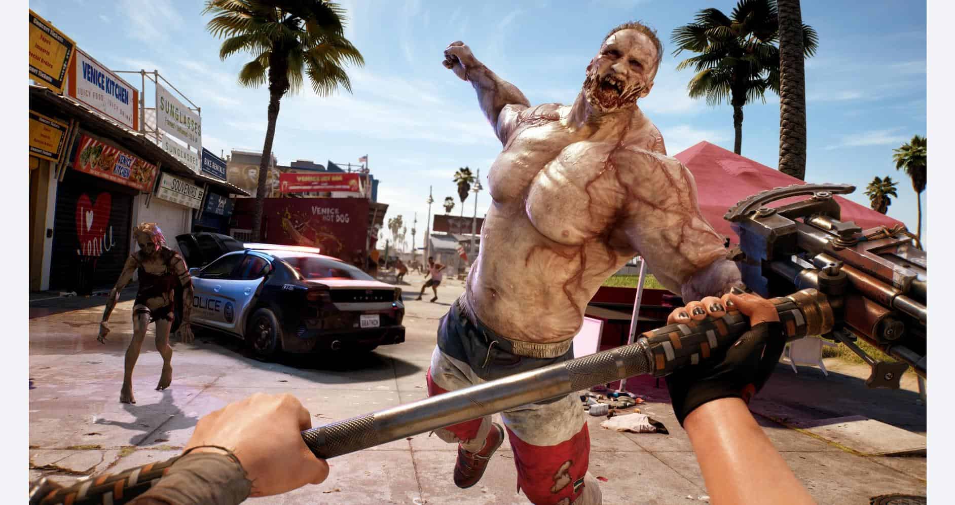 Intense zombie fight scene with a survivor wielding a weapon against a zombie in Los Angeles.