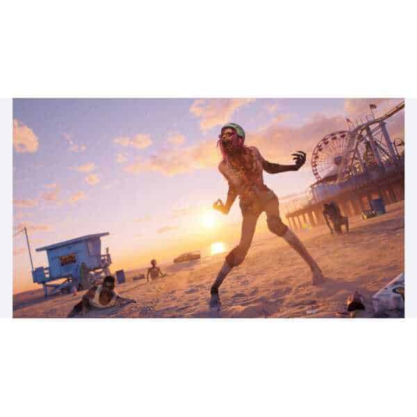 Zombie on the beach at sunset, with amusement park rides in the background, creating a surreal and l.