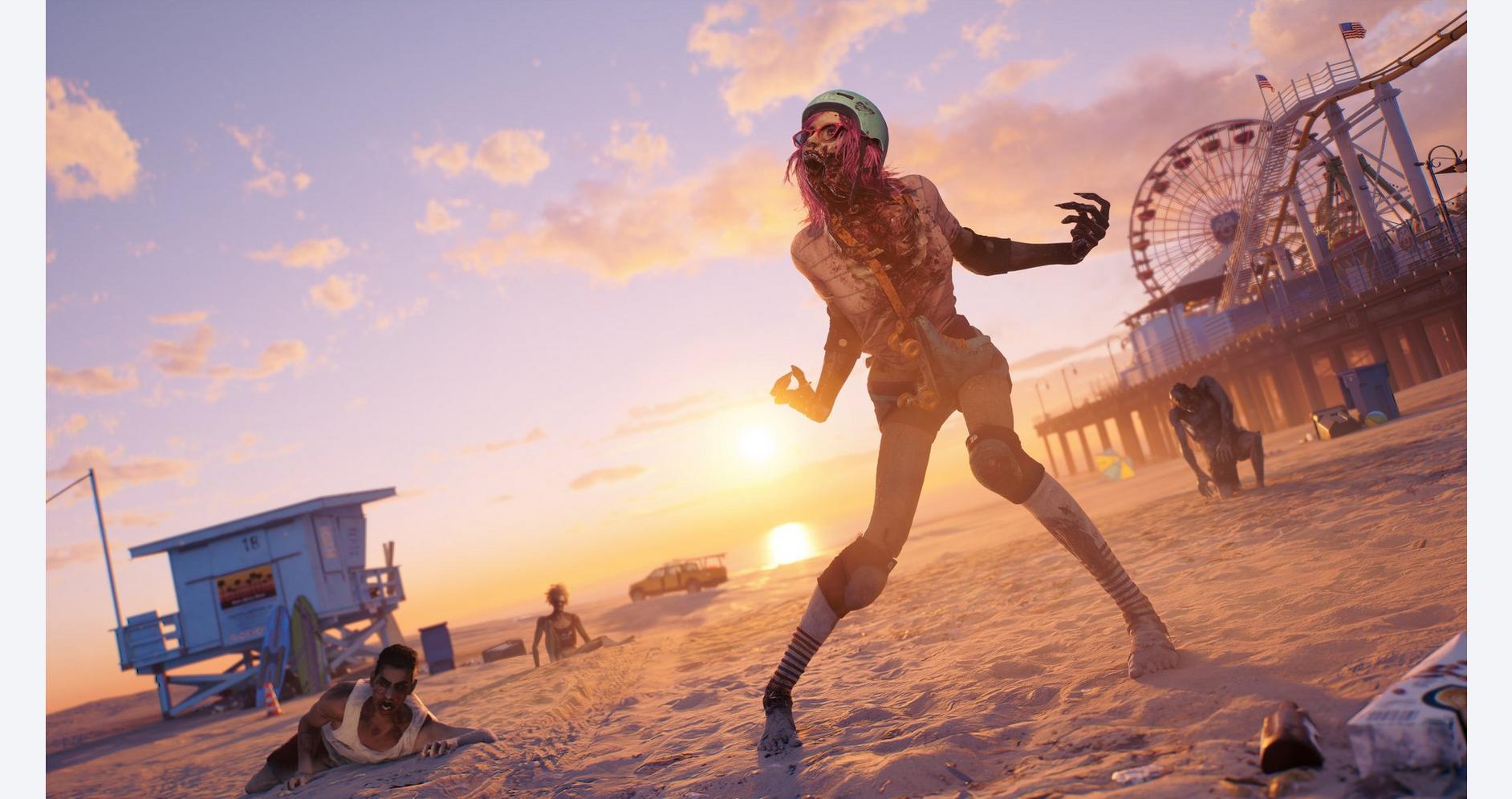 Zombie on the beach at sunset, with amusement park rides in the background, creating a surreal and l.