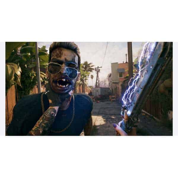 Zombie character with glowing blue eyes and lightning effects, set in an urban alleyway.