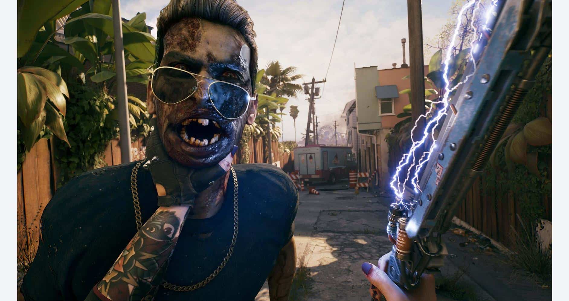 Zombie character with glowing blue eyes and lightning effects, set in an urban alleyway.