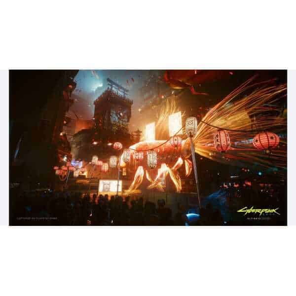 Cyberpunk cityscape illuminated with neon lights and traditional lanterns, showcasing a vibrant, fut.