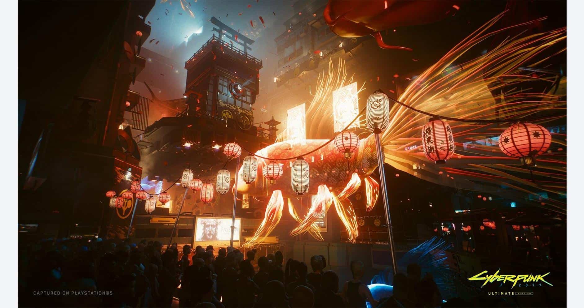 Cyberpunk cityscape illuminated with neon lights and traditional lanterns, showcasing a vibrant, fut.