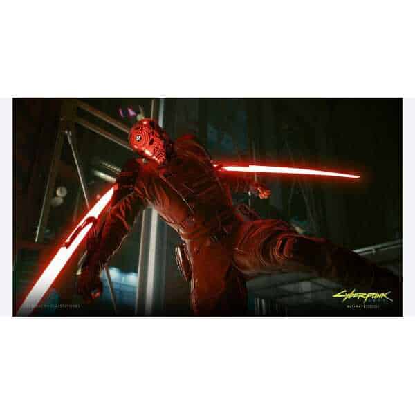 Cyberpunk 2077 character wielding glowing red swords in a futuristic setting.