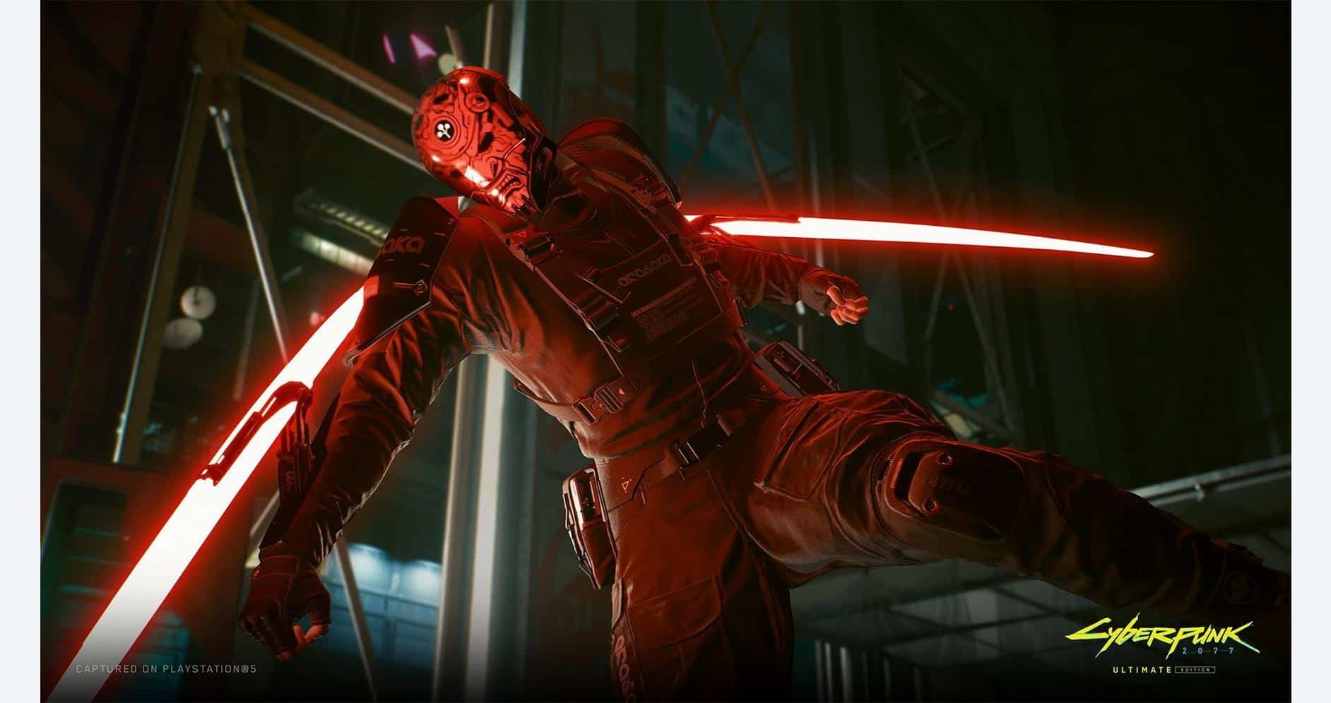 Cyberpunk 2077 character wielding glowing red swords in a futuristic setting.