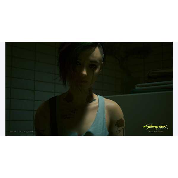 Cyberpunk character from Gameware with tattoos and edgy style in a dark setting.