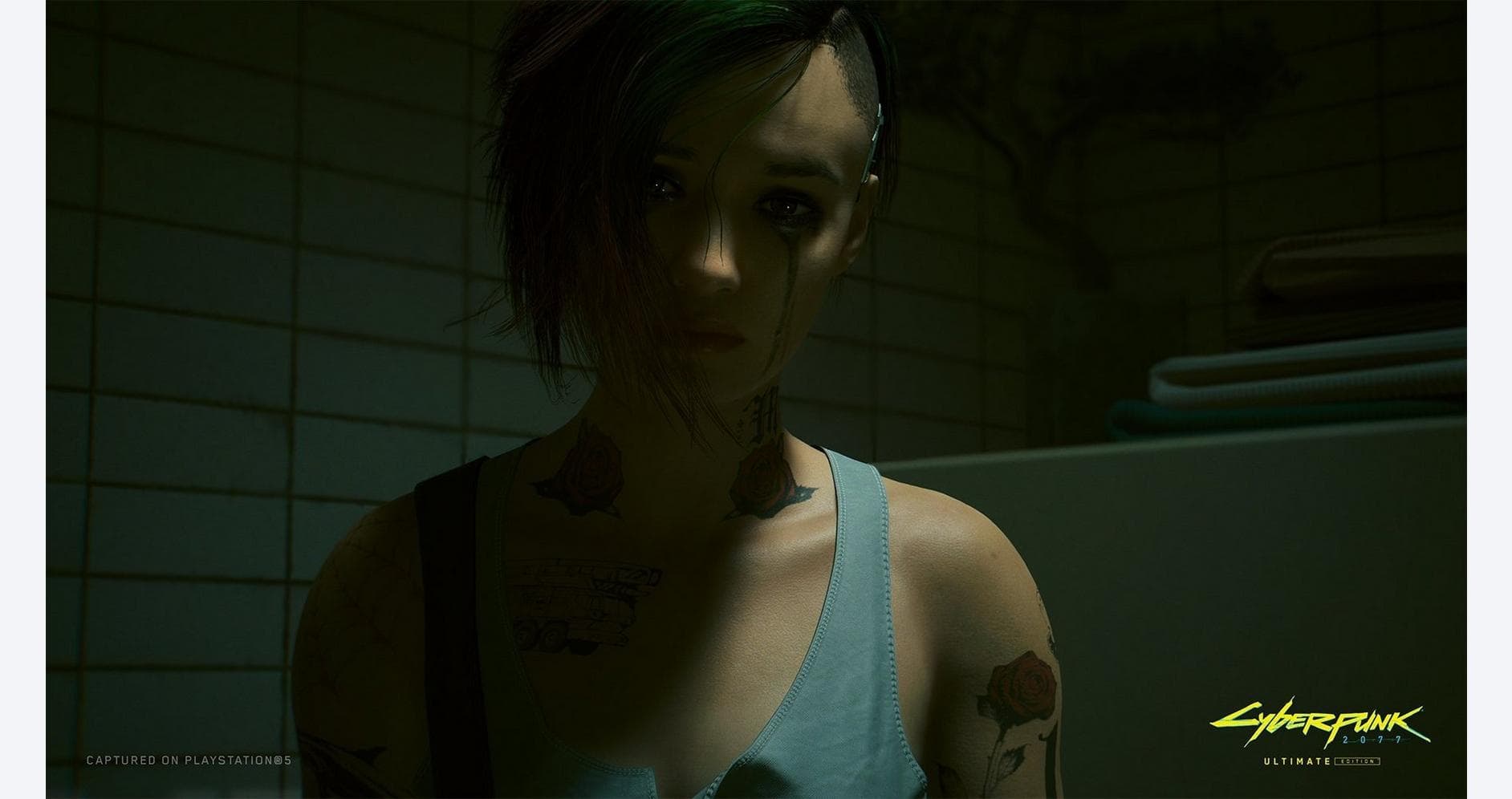 Cyberpunk character from Gameware with tattoos and edgy style in a dark setting.