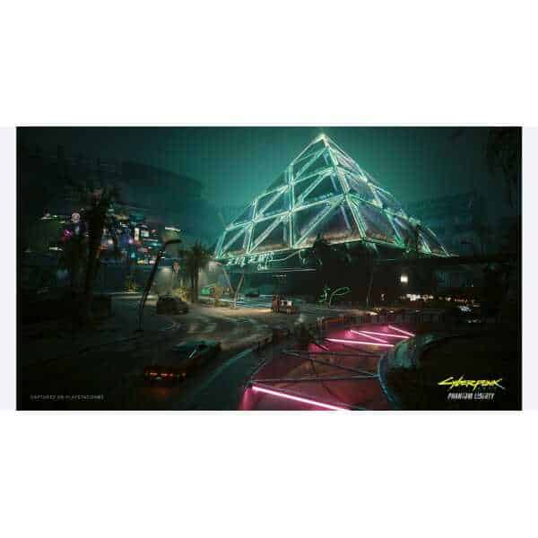 Futuristic neon-lit cityscape with a pyramid-shaped building at night.