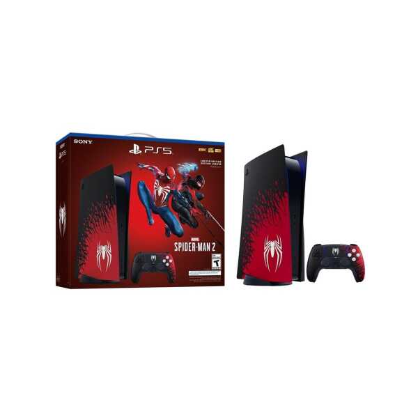 PS5 Spider-Man 2 console with red and black design featuring Spider-Man logo.