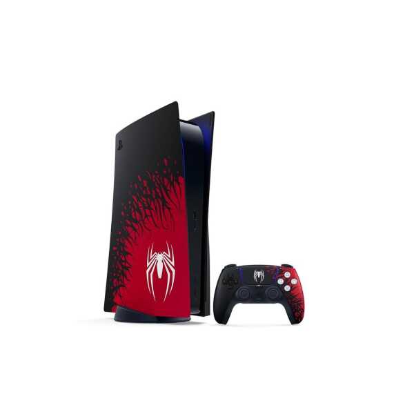 PlayStation 5 console with Spider-Man themed design and controller, gaming entertainment.