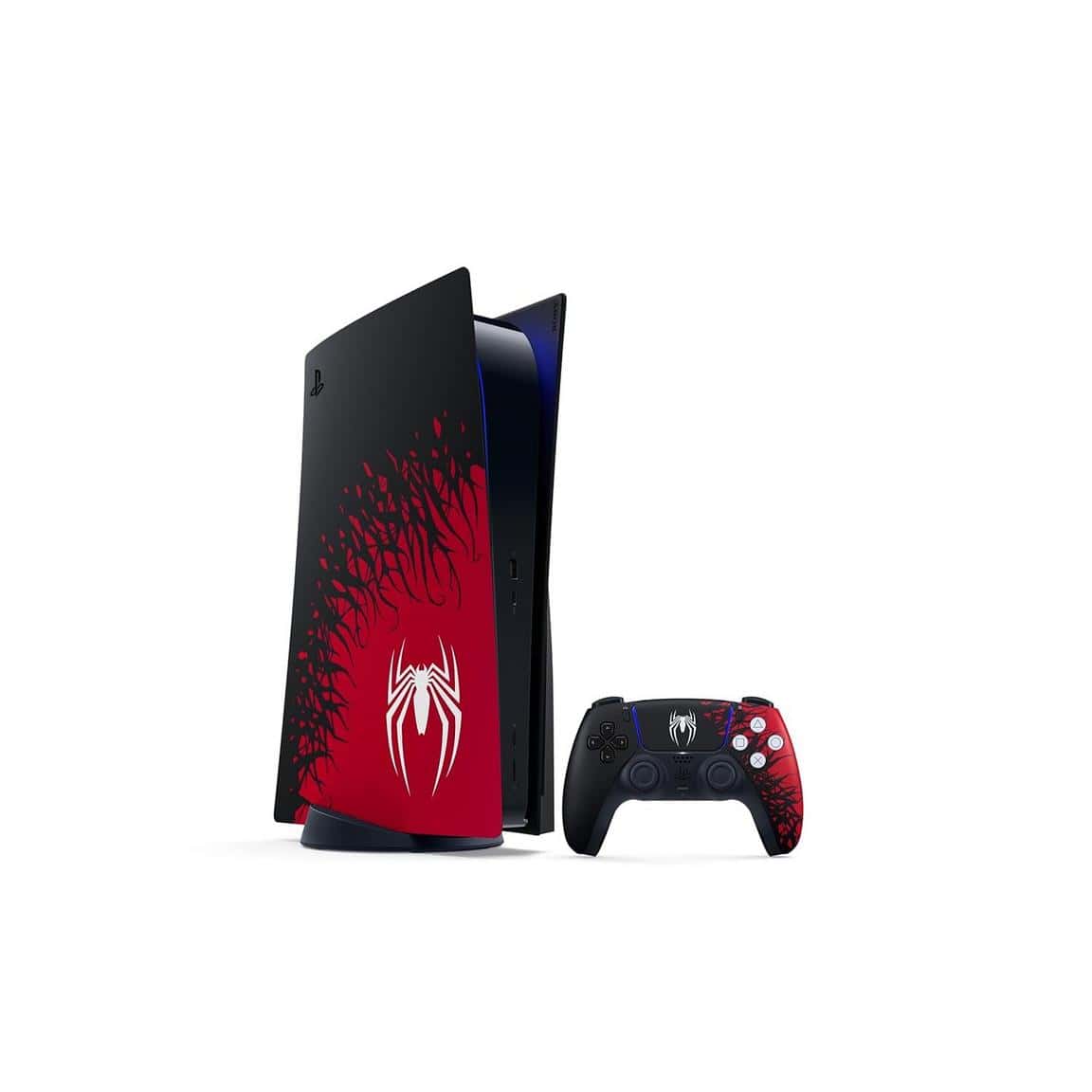 PlayStation 5 console with Spider-Man themed design and controller, gaming entertainment.