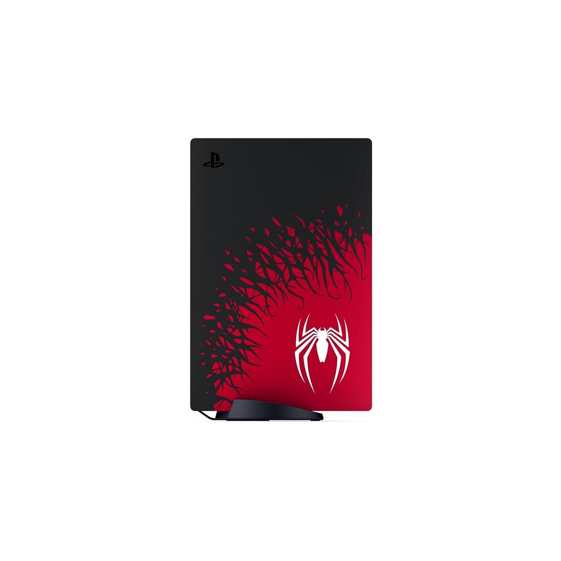 PlayStation 5 console featuring Spider-Man design with red and black spider emblem.
