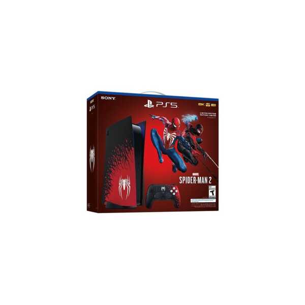 PS5 Spider-Man 2 console bundle with game and controller, vibrant design.