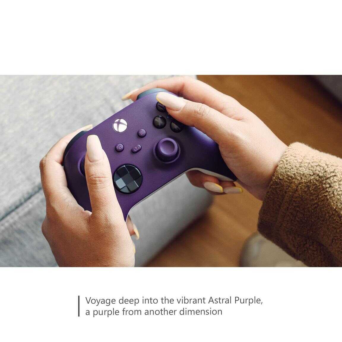 Vibrant Astral Purple Xbox Series X wireless controller in hand.