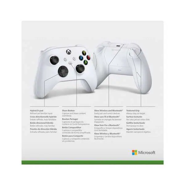 White Xbox Series X wireless controller with textured grip and Bluetooth connectivity.