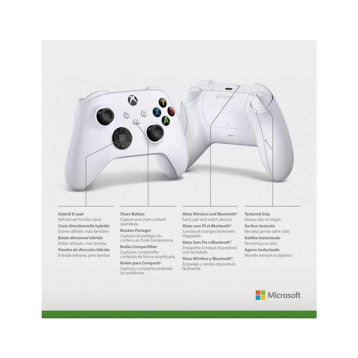 White Xbox Series X wireless controller with textured grip and Bluetooth connectivity.