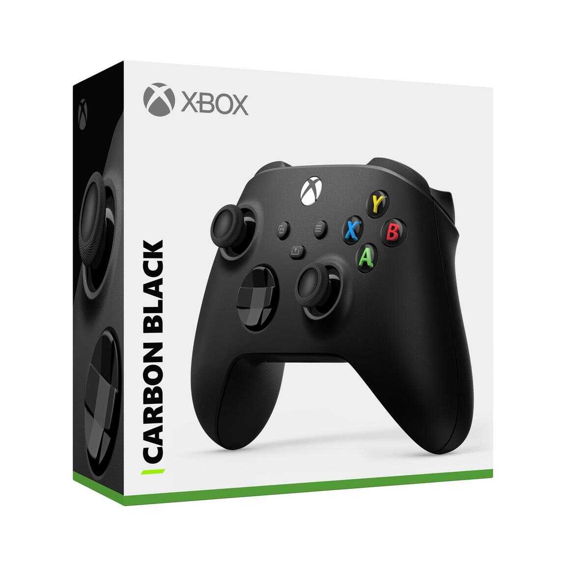 Black Xbox Series X wireless controller with colorful buttons on white background.