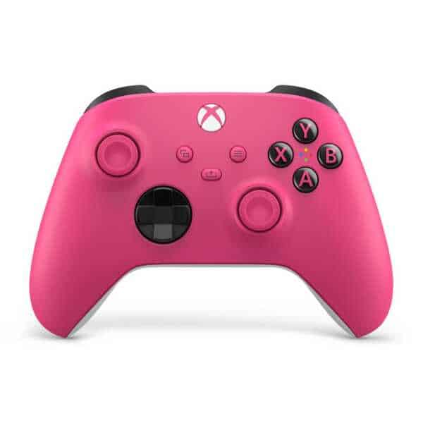 Pink Xbox Series X wireless controller with colorful buttons and ergonomic design.