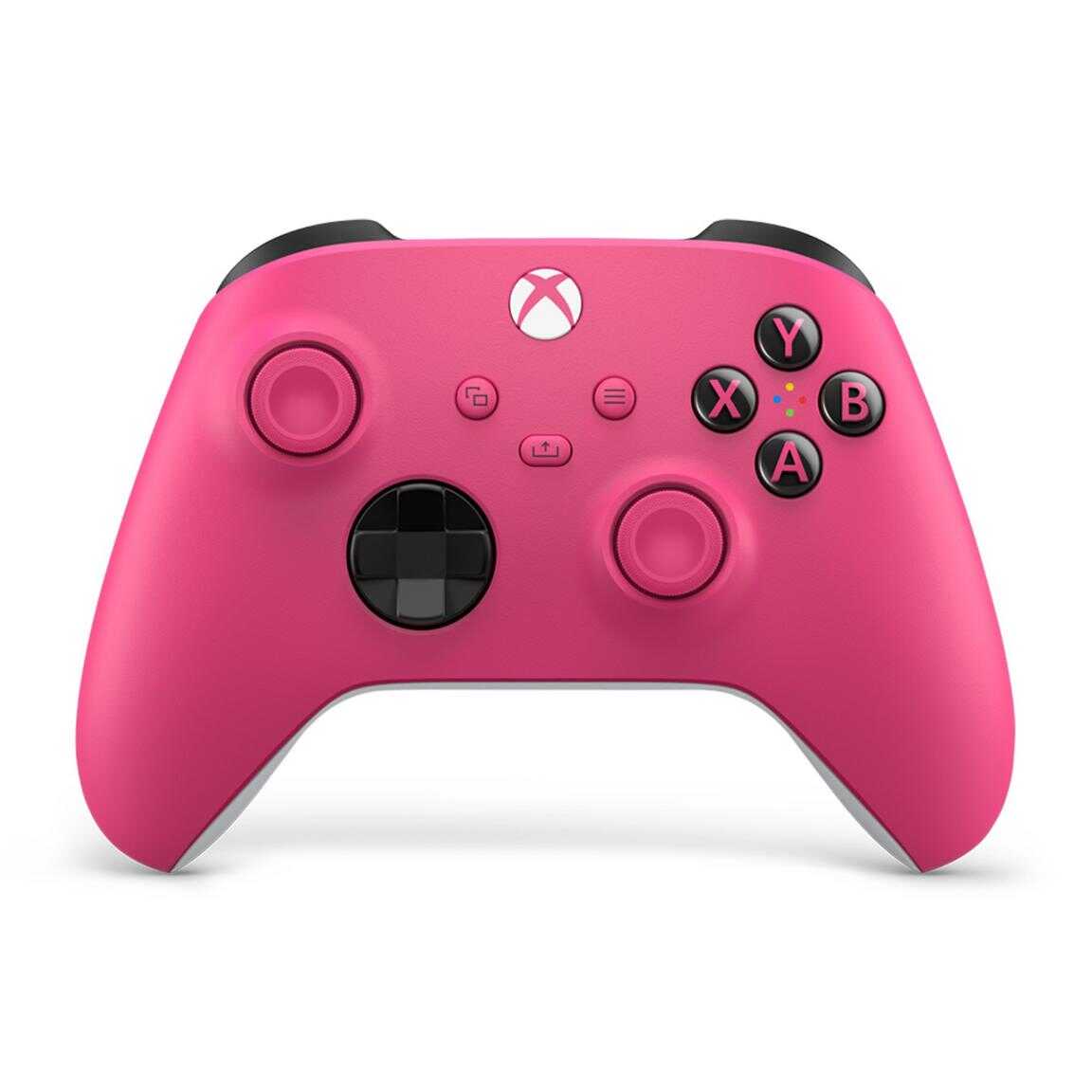 Pink Xbox Series X wireless controller with colorful buttons and ergonomic design.