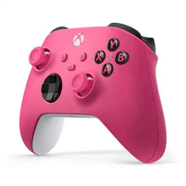 Pink Xbox Series X wireless controller with dual thumbsticks and buttons.