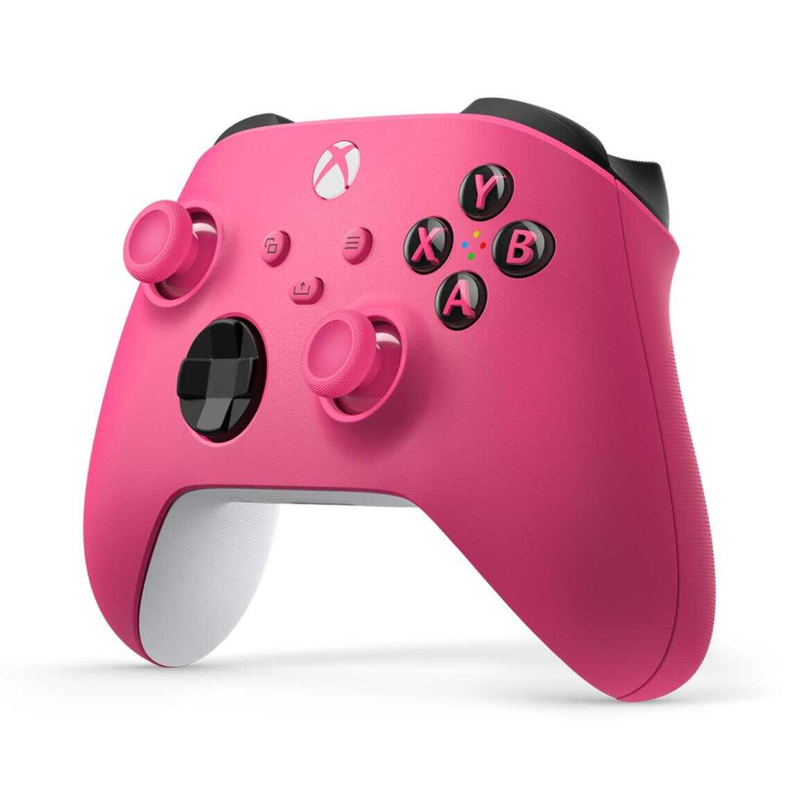 Pink Xbox Series X wireless controller with dual thumbsticks and buttons.