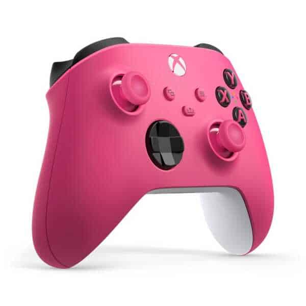 Pink Xbox Series X wireless controller with textured grips and colorful buttons.
