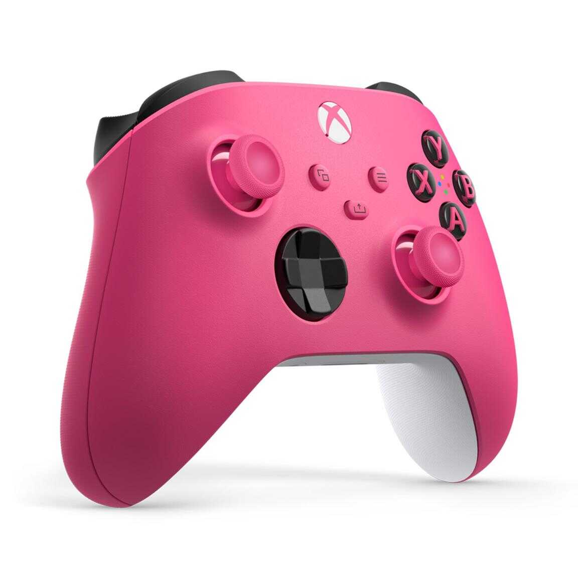 Pink Xbox Series X wireless controller with textured grips and colorful buttons.