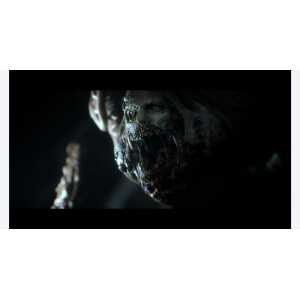 Close-up of a terrifying horror creature with a skeletal face and menacing expression.