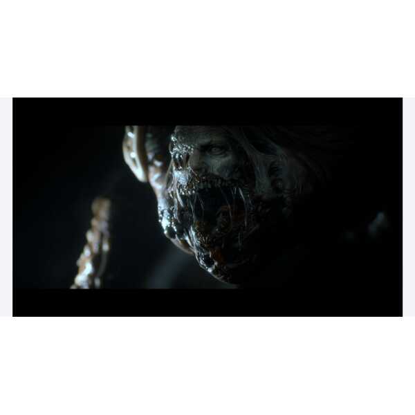 Close-up of a terrifying horror creature with a skeletal face and menacing expression.