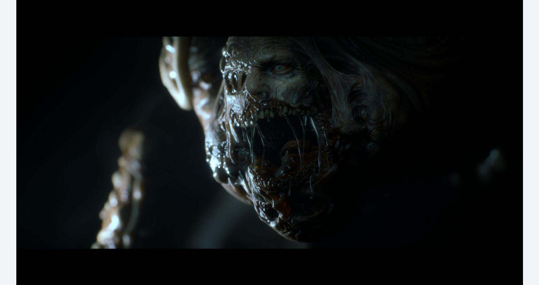 Close-up of a terrifying horror creature with a skeletal face and menacing expression.