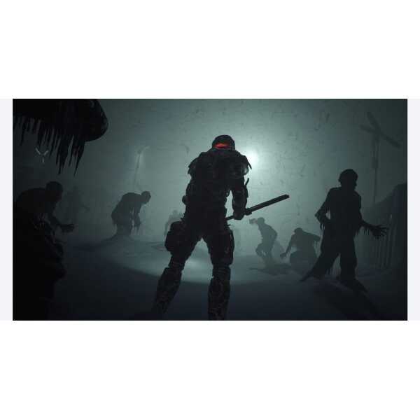 Group of zombies and a survivor in a dark, eerie setting with weapons ready.