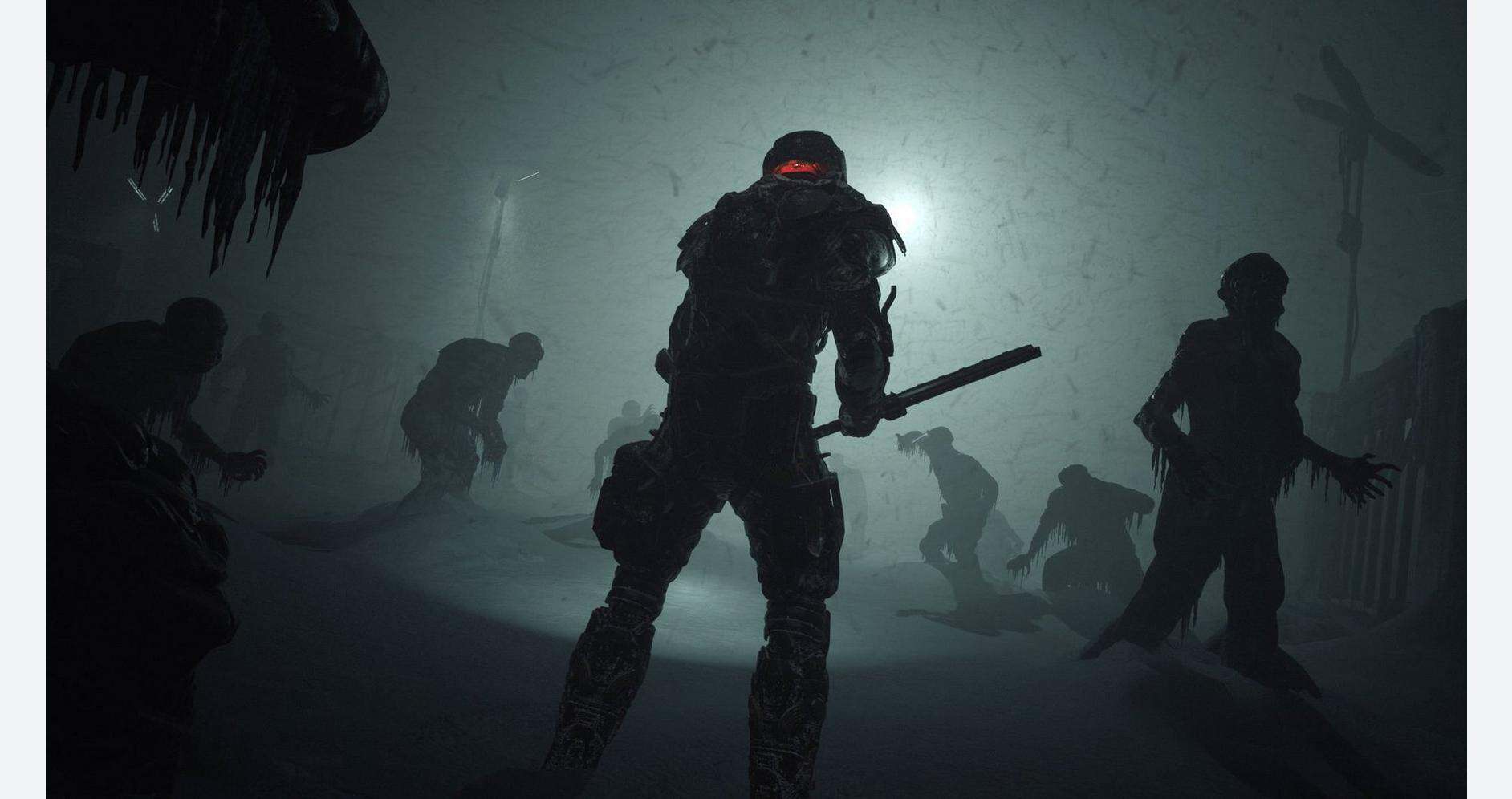 Group of zombies and a survivor in a dark, eerie setting with weapons ready.