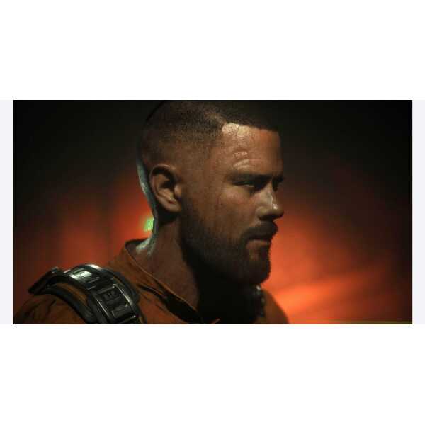 Close-up of a futuristic soldier with tactical gear and intense expression.
