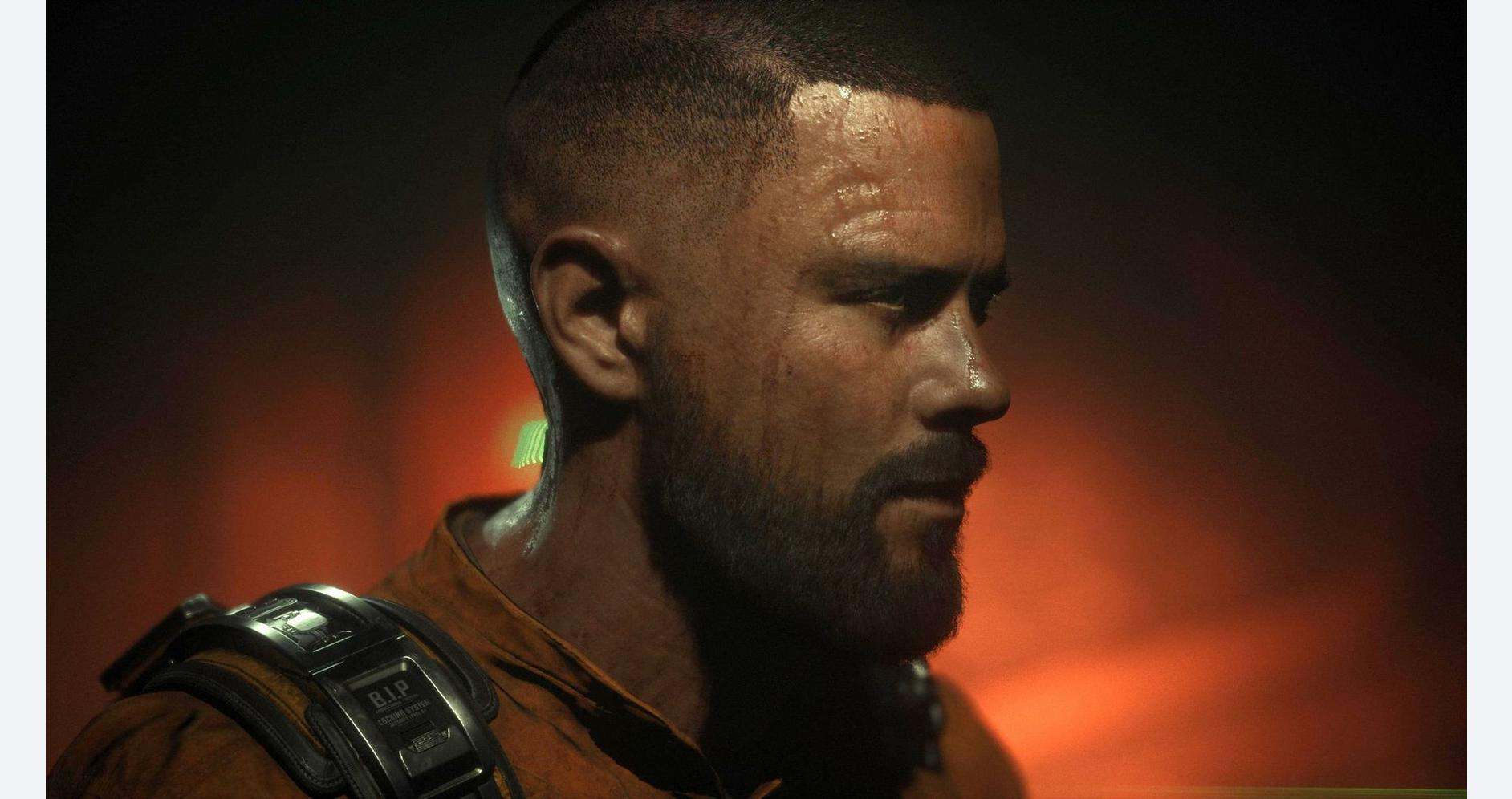 Close-up of a futuristic soldier with tactical gear and intense expression.