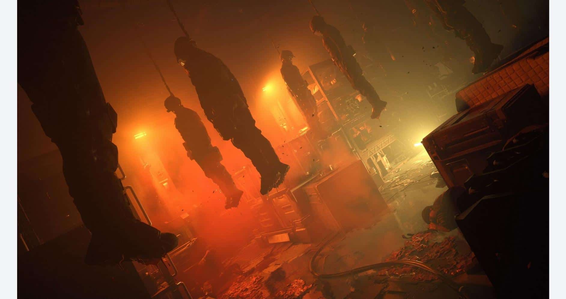 Firefighters fighting a large blaze in a smoky, hazardous environment.