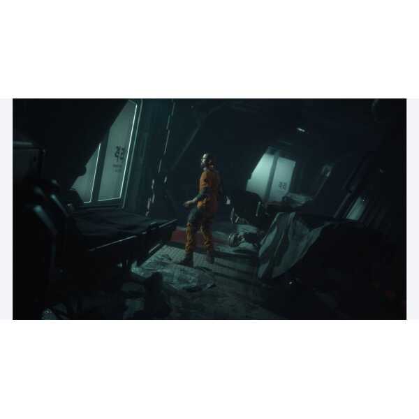 Futuristic space station interior with astronaut exploring damaged environment.