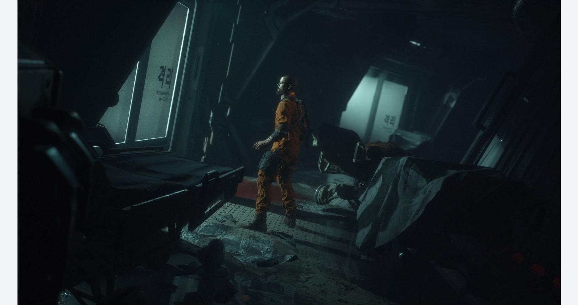 Futuristic space station interior with astronaut exploring damaged environment.