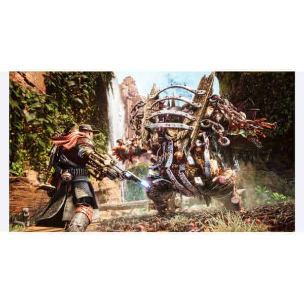 Fantasy warrior fighting a mechanical dragon in lush jungle setting.