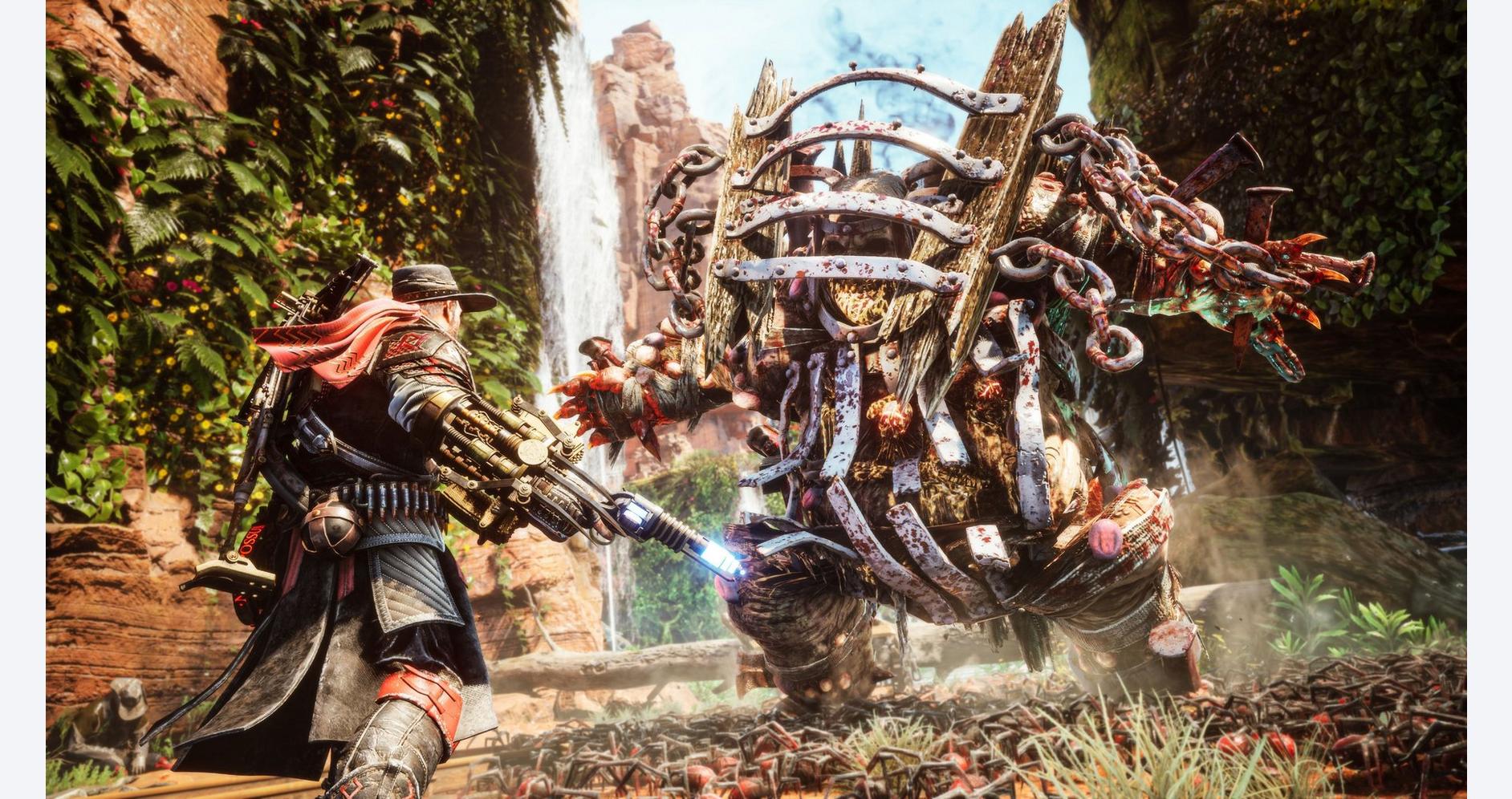 Fantasy warrior fighting a mechanical dragon in lush jungle setting.
