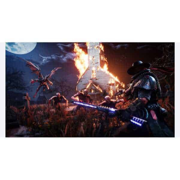 Nighttime battle scene with zombies, dragon, and a warrior with glowing sword.
