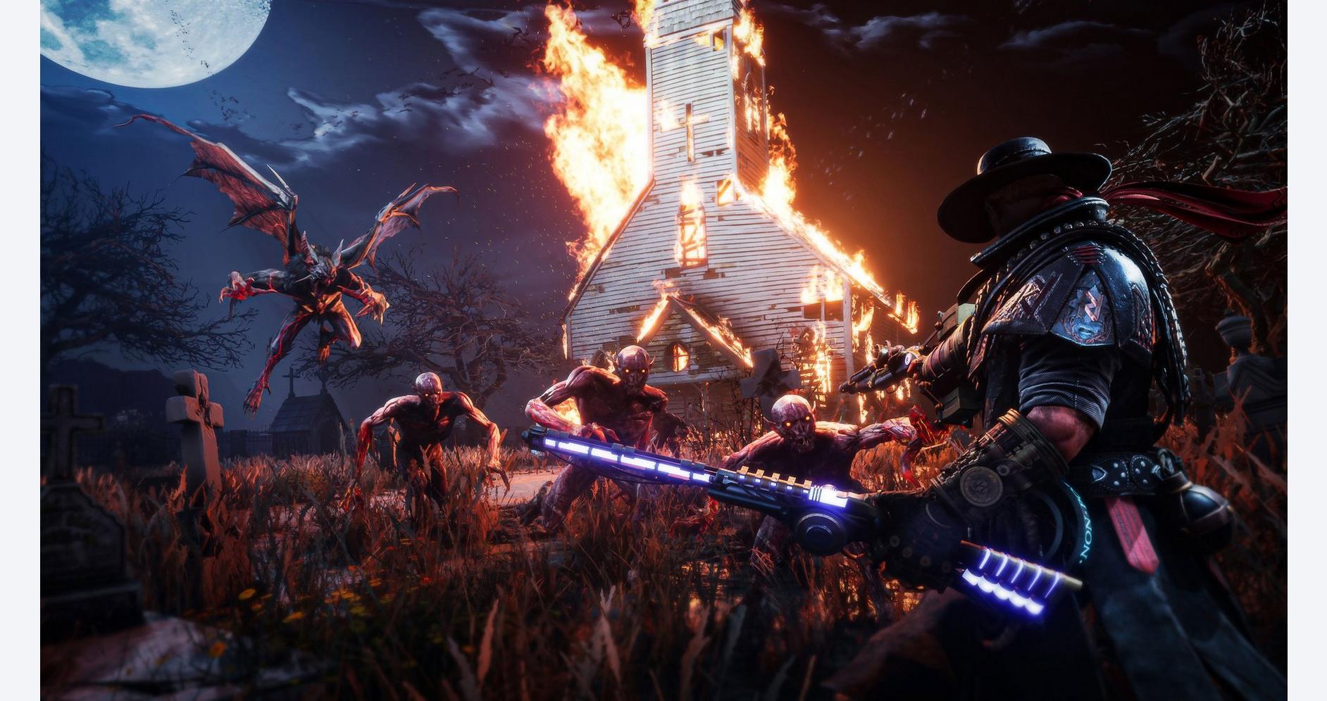 Nighttime battle scene with zombies, dragon, and a warrior with glowing sword.