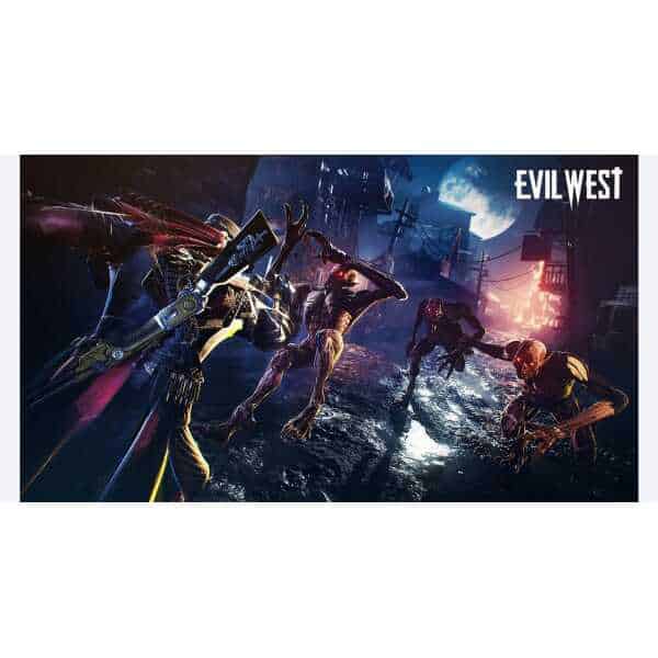 Intense zombie combat scene from Evil West with guns and monsters.